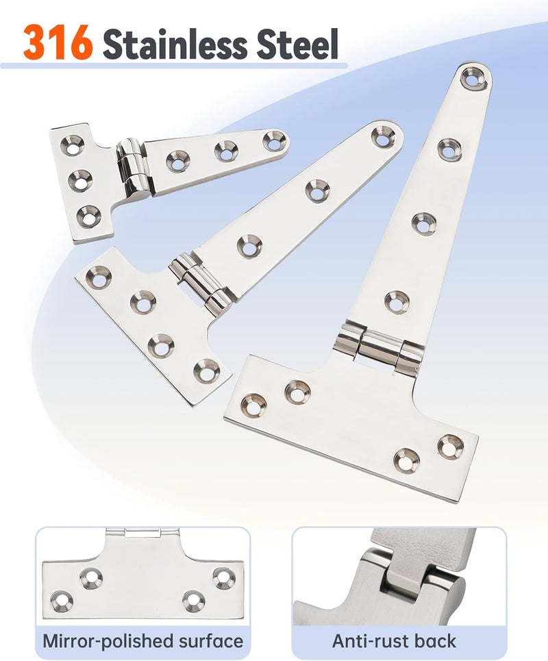 Turnirace 316 Stainless Steel 8 in x 4 in T Hinges, Marine Grade Heavy Duty Hinges with Screws for Hatch, Yacht, Gate, Door, Fence, Barn, Cabinets, Windows (2 Pack) - Image 3
